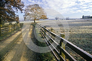 Morning view of a country road and wood fence in Upper Brails, England