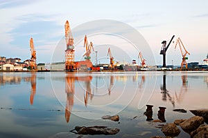 Morning view of cranes in seaport photo