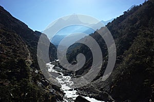 Morning view of Imja Khola river with Ama Dablam mountain background, Nepal