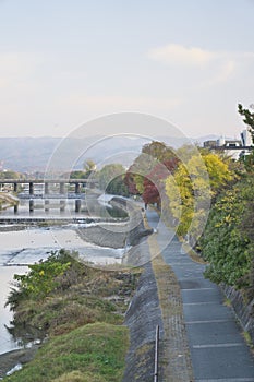 Morning view of Kamo River from Shijo bridge in Kyoto