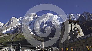 Morning view of Kedarnath temple. Kedarnath peak in background.