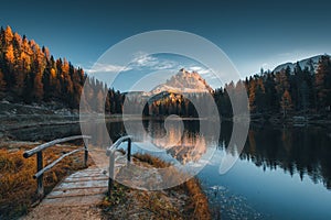 Morning view of Lago Antorno, Dolomites, Lake mountain landscape