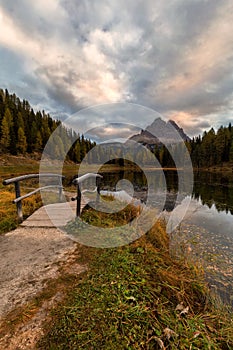 Morning view of Lago Antorno, Dolomites, Lake mountain landscape with Alps peak , Misurina, Cortina d`Ampezzo, Italy