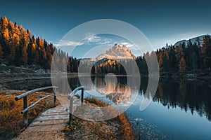 Morning view of Lago Antorno, Dolomites, Lake mountain landscape photo