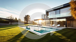 Morning view of a modern house with a terrace, pool and a lawn. 3d render illustration.