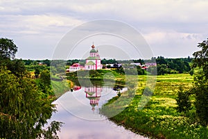 Morning view of old churche in Suzdal, Russia during a cloudy sunrise