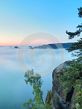 Morning view over rock and fresh green trees to deep valley full of light blue mist. Dreamy spring landscape within daybreak