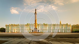 Morning view of the Palace Square, Alexander Column, Winter Palace in St. Petersburg /
