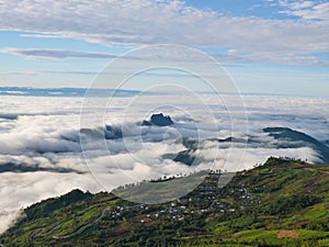 Morning view point with mountain mist and road