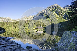 Morning view of Popradske pleso in Slovakia. Tatra Mountains