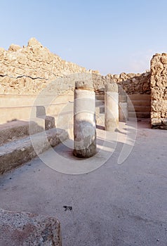 Morning view of the ruins of a pillared hall on the excavation of the ruins of the fortress of Masada, built in 25 BC by King Hero