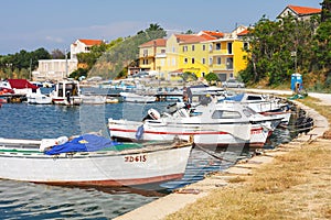 Morning view on sailboat harbor in Porat with many moored boats and yachts, Croatia