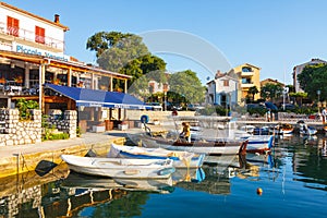 Morning view on sailboat harbor in Porat with many moored boats and yachts, Croatia
