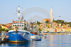 Morning view on sailboat harbor in Rovinj with many moored sail boats and yachts, Croatia