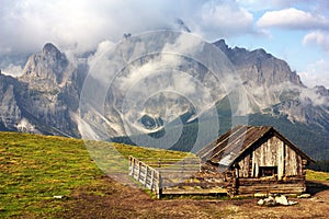 Morning view from Sexten Dolomites with chalet