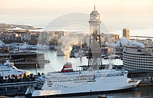 Morning view of the ships in the port of Barcelona