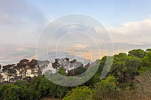 Morning  view at morning sunrice from Mount Tavor on a nearby valley near Nazareth in Israel photo