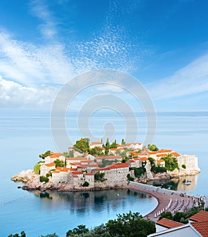 The morning view of Sveti Stefan sea islet Montenegro