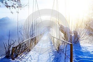 morning winter frosty landscape with fog and forest on the river bank  Russia  Ural  January