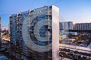 Morning winter view of the environmentally friendly comfortable residential district in Moscow. Business-class apartment houses i