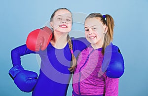 Morning workout. Happy children sportsman in boxing gloves. Fitness diet. energy health. workout of small girls boxer in