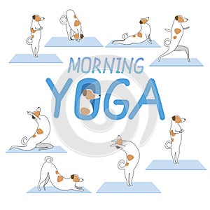 Morning yoga and cute jack russell terrier as character, flat or outline vector stock illustration with dog and asana