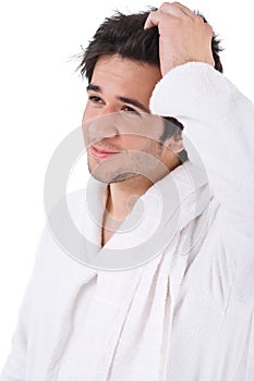 Morning - Young man in bathrobe waking up