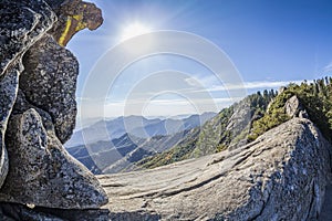 Moro Rock against sun, Sequoia National Park, USA.