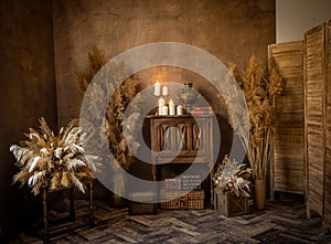 Morocan decor with pampas, boho chic,grunge brown