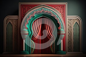 moroccan arc door with green and red curtains on the side and arabesque style, islamic vip concept, ramadan, eid mubarak, green