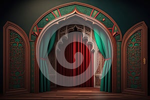 moroccan arc door with green and red curtains on the side and arabesque style, islamic vip concept, ramadan, eid mubarak, green