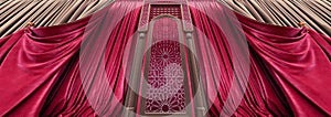 moroccan arc door with red and golden curtains on the side and arabesque style, islamic vip concept, ramadan, eid mubarak, red and