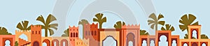 Moroccan architecture banner. Morocco building border, long oriental Arab background. Maroc, Marrakech, Medina houses