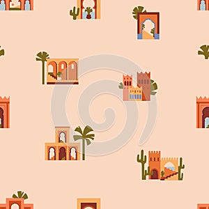 Moroccan architecture, seamless pattern design. Morocco buildings, gates, arches, endless background. Repeating print