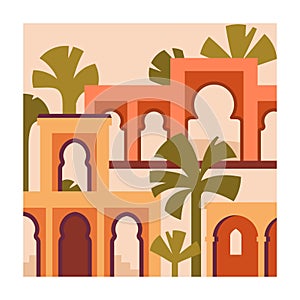 Moroccan Berber architecture card. Morocco building, arch gates, Maroc arcs, palm trees. Traditional Muslim Medina