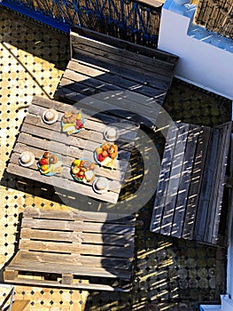 Moroccan breakfast on one of Tangier rooftops. Tangier is located in the north of Morocco