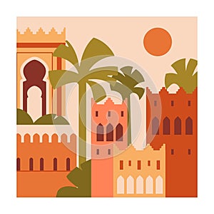 Moroccan card. Morocco building, arches, Marrakech Berber architecture. Sun and palm trees in Medina, Marrakesh, square