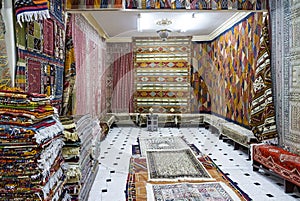 Moroccan carpets in shop room interior
