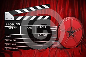 Moroccan cinematography, film industry, cinema in Morocco. Clapperboard with and film reels on the red fabric, 3D rendering