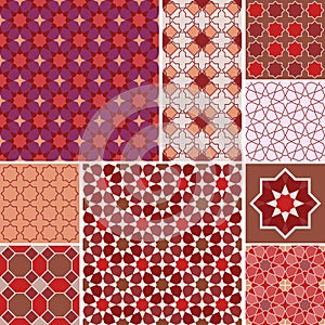 Moroccan collection seamless pattern, Morocco. Patchwork mosaic traditional folk geometric ornament red pink brown claret. Tribal