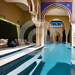 A Moroccan courtyard pool area with mosaic tiles, ornate arches, and a mosaic-tiled hot tub1