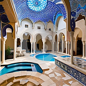 A Moroccan courtyard pool area with mosaic tiles, ornate arches, and a mosaic-tiled hot tub2