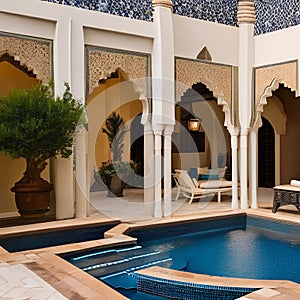 A Moroccan courtyard pool area with mosaic tiles, ornate arches, and a mosaic-tiled hot tub4