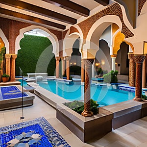 A Moroccan courtyard pool area with mosaic tiles, ornate arches, and a mosaic-tiled hot tub5