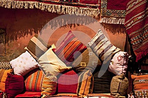 Moroccan cushions in a street shop in medina souk