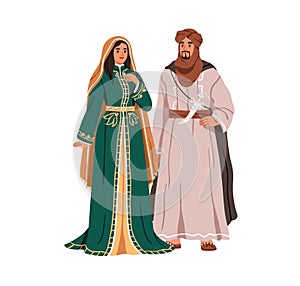 Moroccan family couple. Arab man and woman in national clothes, dressing. Arabic husband and wife wearing headscarf