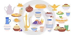 Moroccan food. Arabic pottery objects, traditional arabian meals and pastry. Decorative bowls and plates, jugs and vases