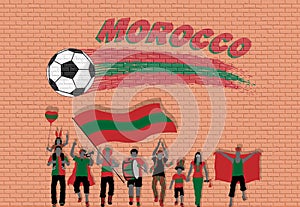 Moroccan football fans cheering with Morocco flag colors in front of soccer ball graffiti