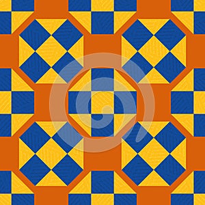 Moroccan geometric vector pattern background. Grid backdrop with orange cobalt blue stone terrazzo textured rhombus and