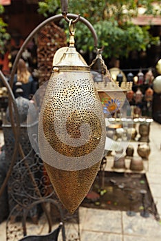 Moroccan glass and metal lanterns lamps in Marrakesh souq